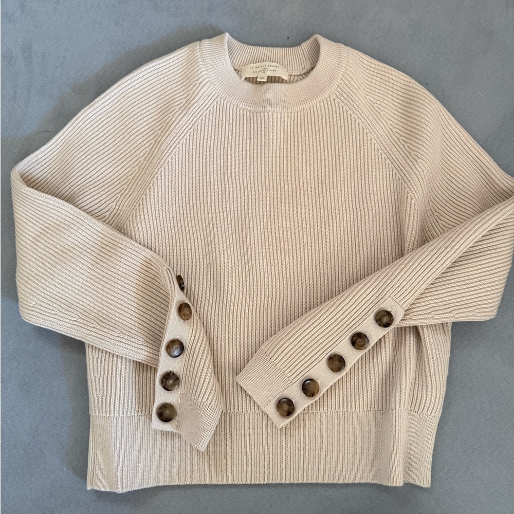 Sezane Cream Ribbed Button-Cuff Sweater